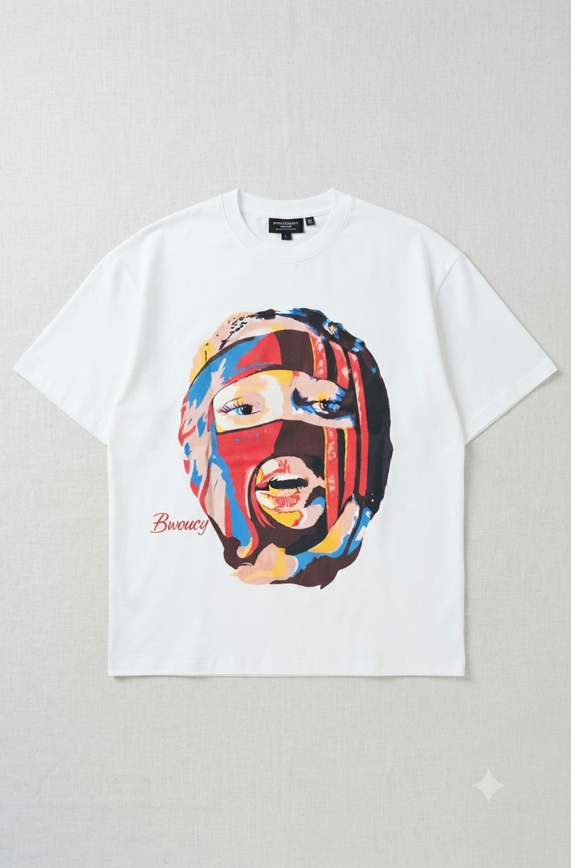 Bwoucy Abstract Balaclava Portrait Graphic Tee - White