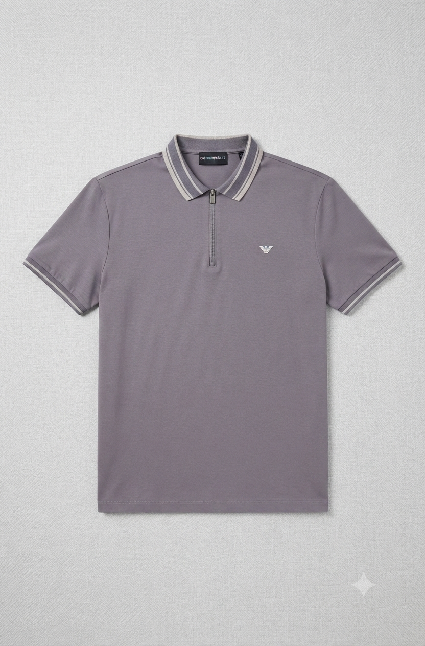 Emporio Armani Logo-Piqué Zip-Up Polo Shirt in Dust Grey