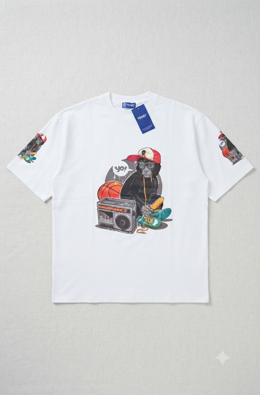 "The Boombox Chimp" White Streetwear Graphic Tee